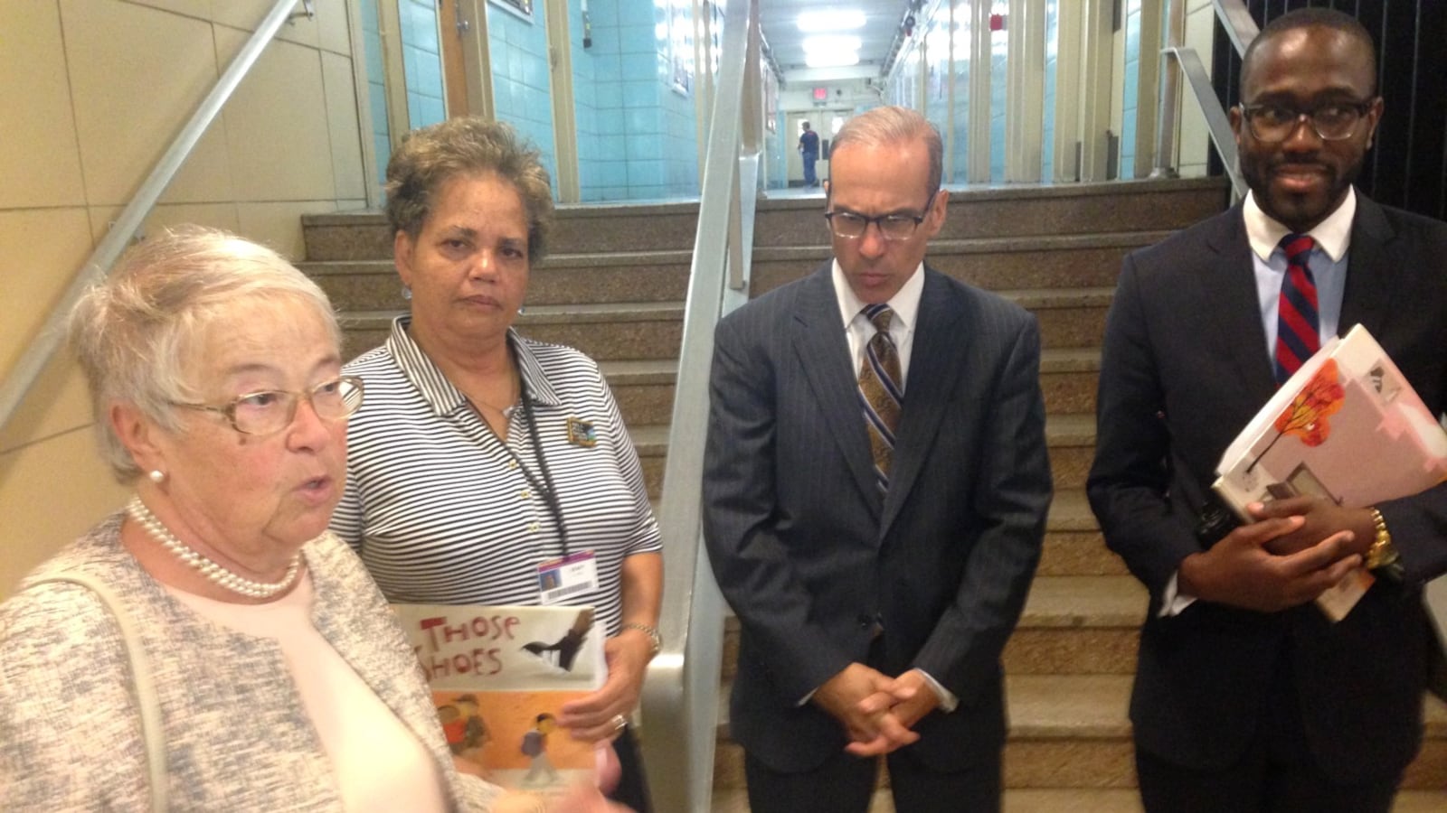 Chancellor Carmen Fariña met with the principals of two co-located Staten Island middle schools on Monday: Linda Hill of I.S. 49 and Jermaine Cameron (right), of the Eagle Academy For Young Men of Staten Island.