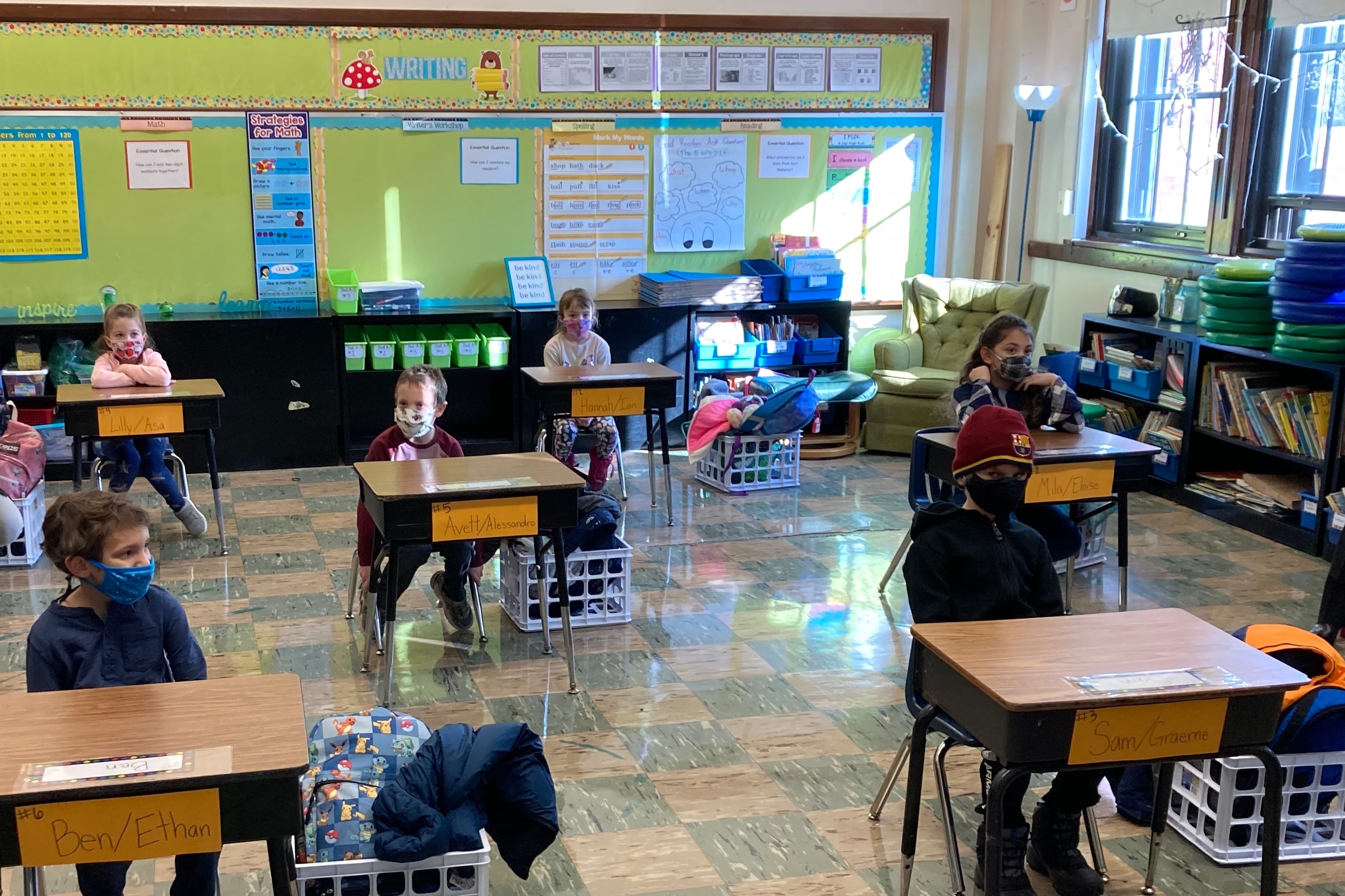 A classroom of students at Hawthorne Scholastic Academy on reopening day