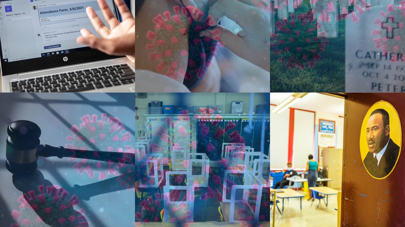 A collage of images of masking, virtual learning, COVID, classrooms and Critical Race Theory.