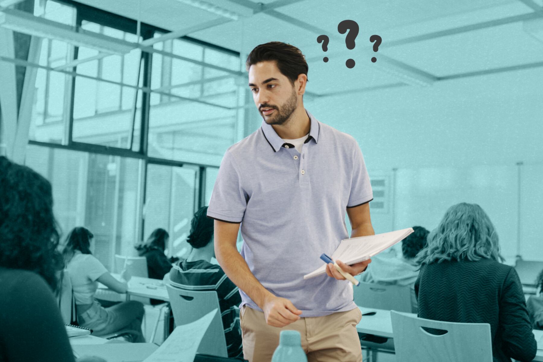 A substitute teacher handing out worksheets. The teacher looks puzzled, illustrated by three question marks floating around his head.