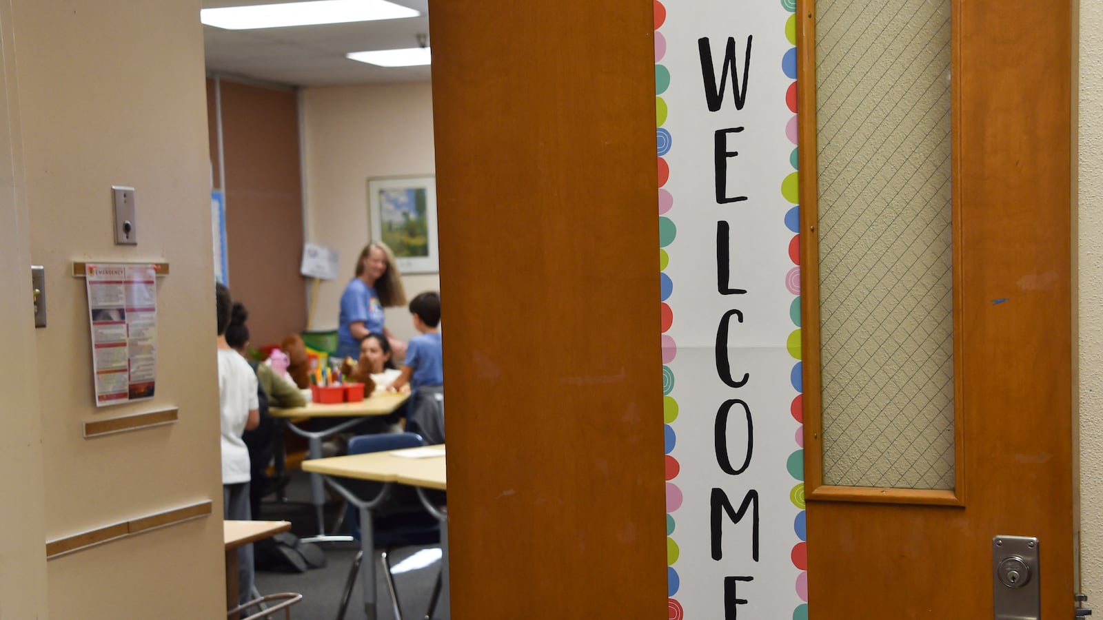 A welcome sign seen on an elementary school classroom door