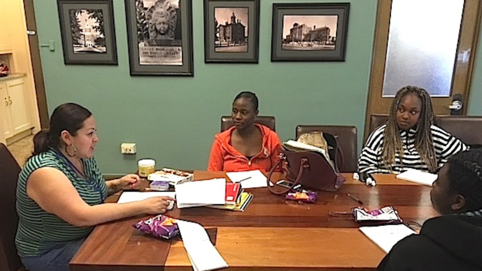 Dorothy Leyba, a homeless liaison at Denver's East High School, leads a support group for students identified as homeless.