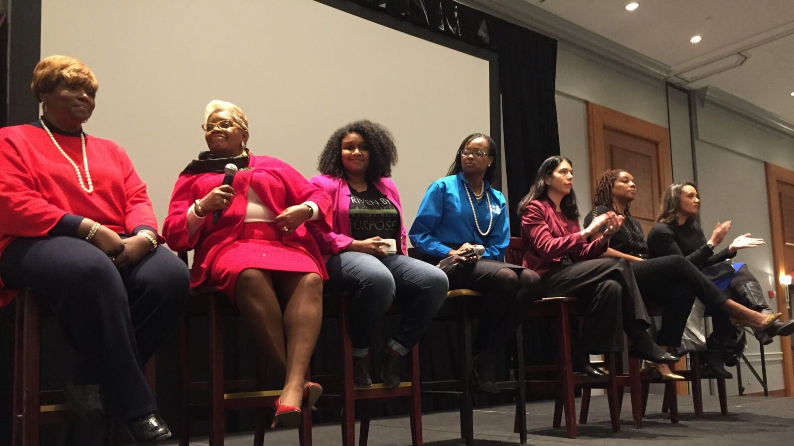Members of Detroit's new school board joined community leaders to discuss the future of the district at a Detroit Parent Network event last year. They are, from left, board members Iris Taylor, Deborah Hunter-Harvill, Misha Stallworth, Detroit Parent Network CEO Sharlonda Buckman, Interim Superintendent Alycia Meriweather, board member Sonya Mays, and Skillman Foundation President Tonya Allen. Hunter-Harvill is up for reelection.