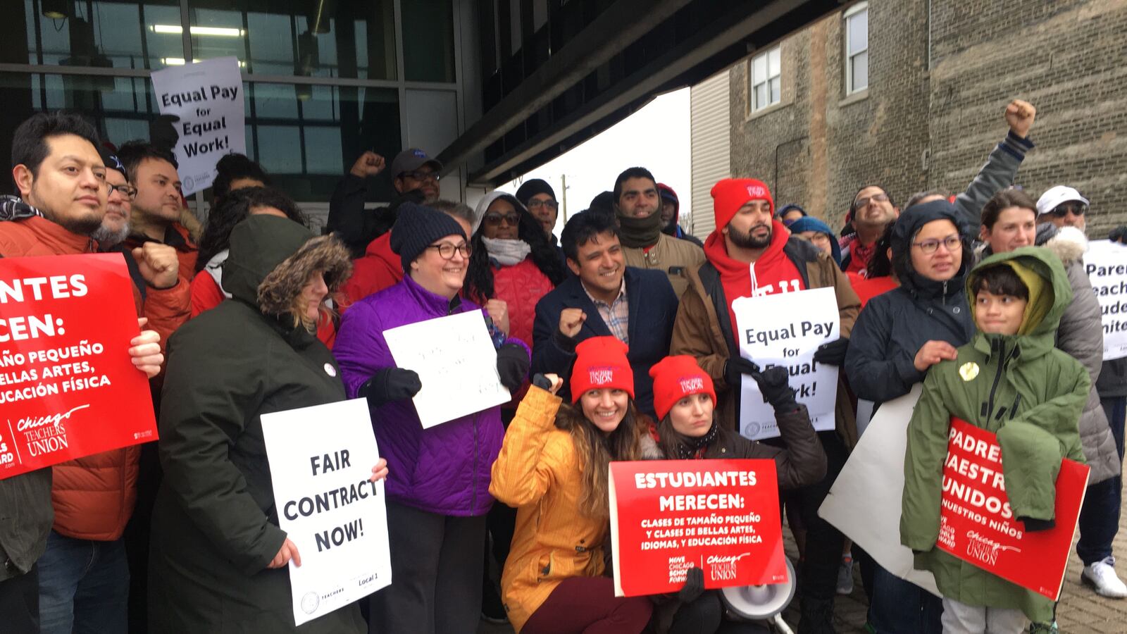 Educators from four charter and contract networks in Chicago announce the results of a strike authorization vote on April 10, 2019.