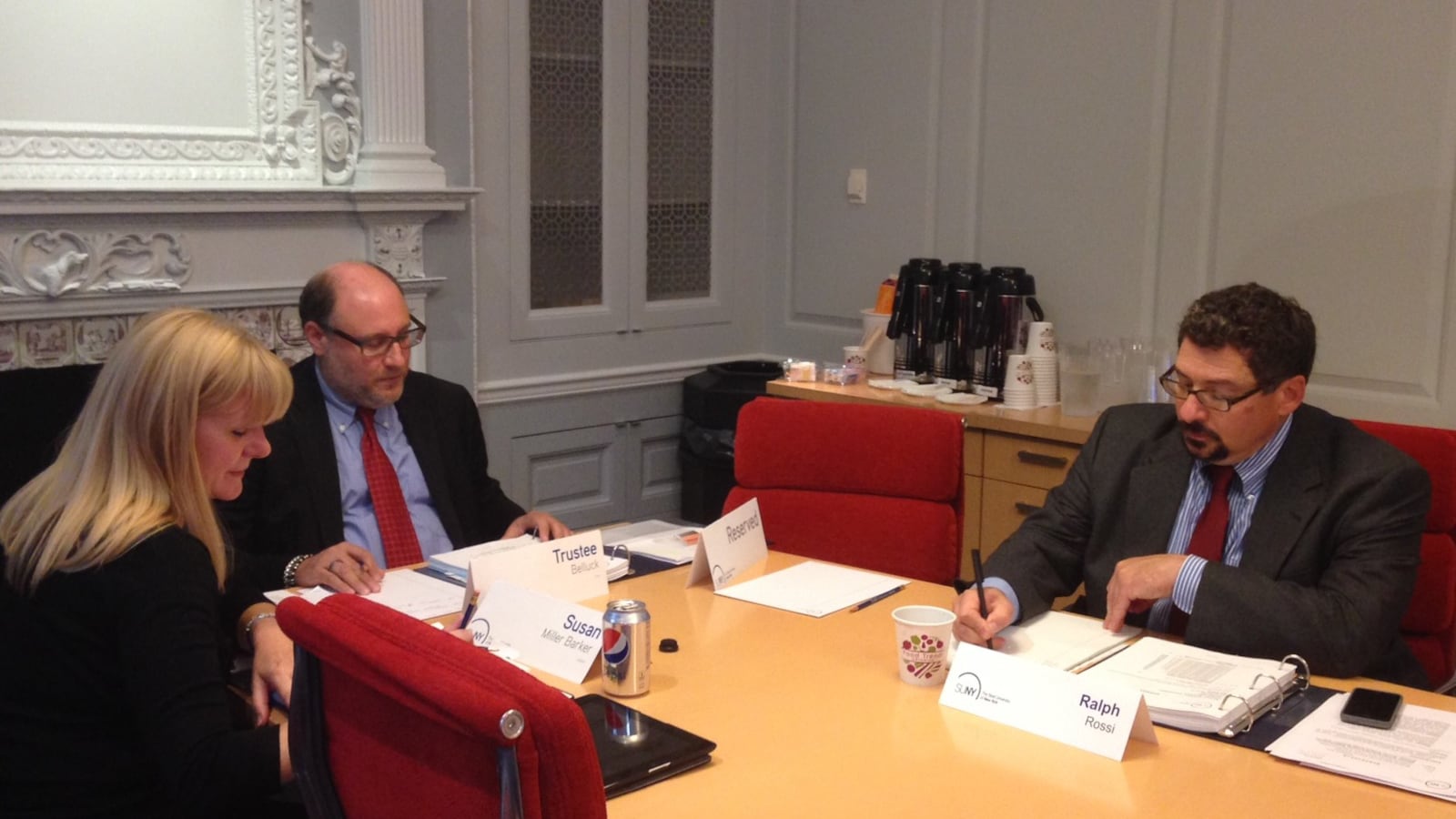 SUNY Charter School Institute Executive Director Susan Miller Barker, SUNY trustee Joseph Belluck, and general counsel Ralph Rossi  in 2014.
