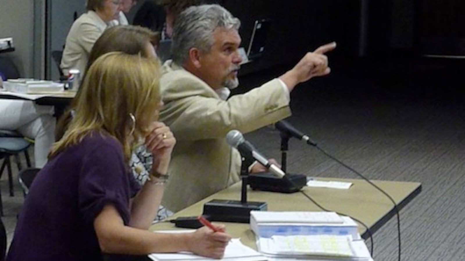 Sheridan Superintendent Michael Clough makes a point during construction board hearing on June 27, 2012.