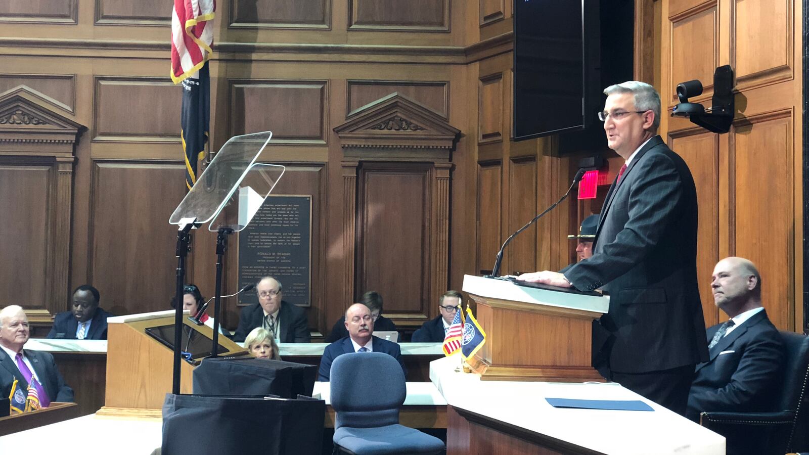 Gov. Eric Holcomb addresses lawmakers during his 2018 State of the State speech.