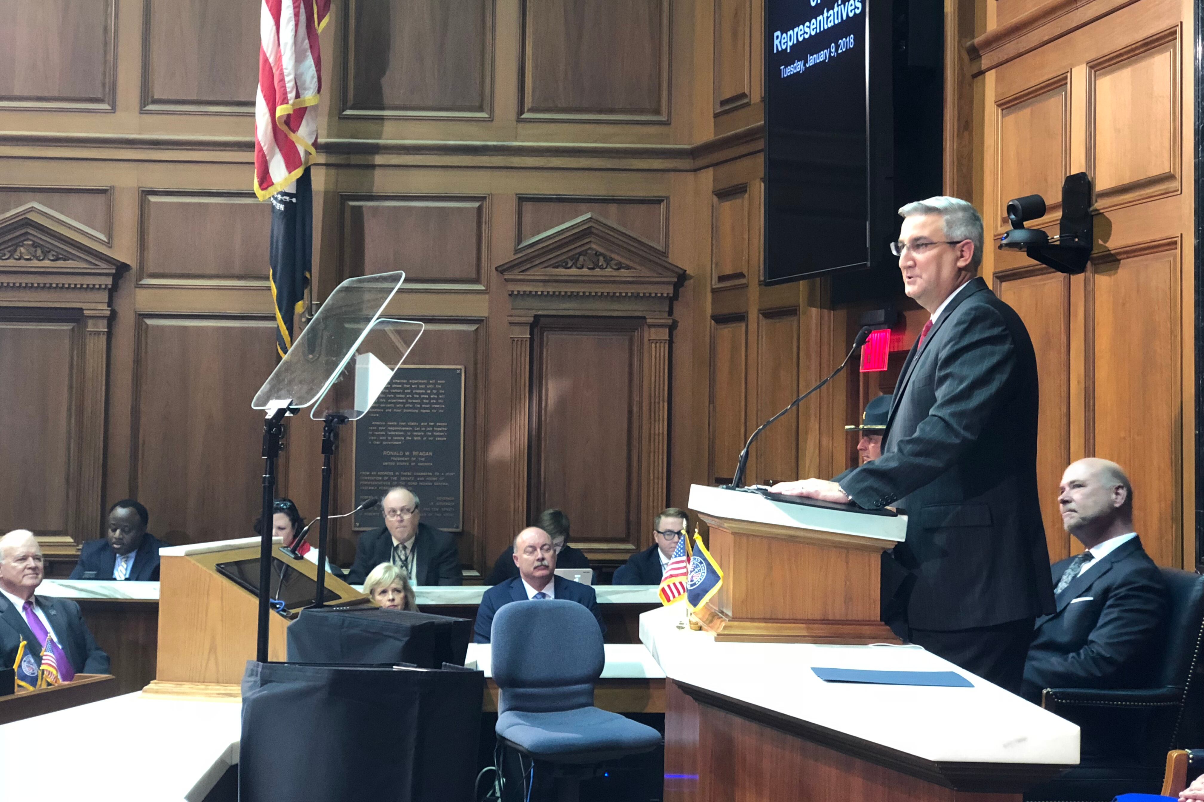 Gov. Eric Holcomb addresses lawmakers during his 2018 State of the State speech.