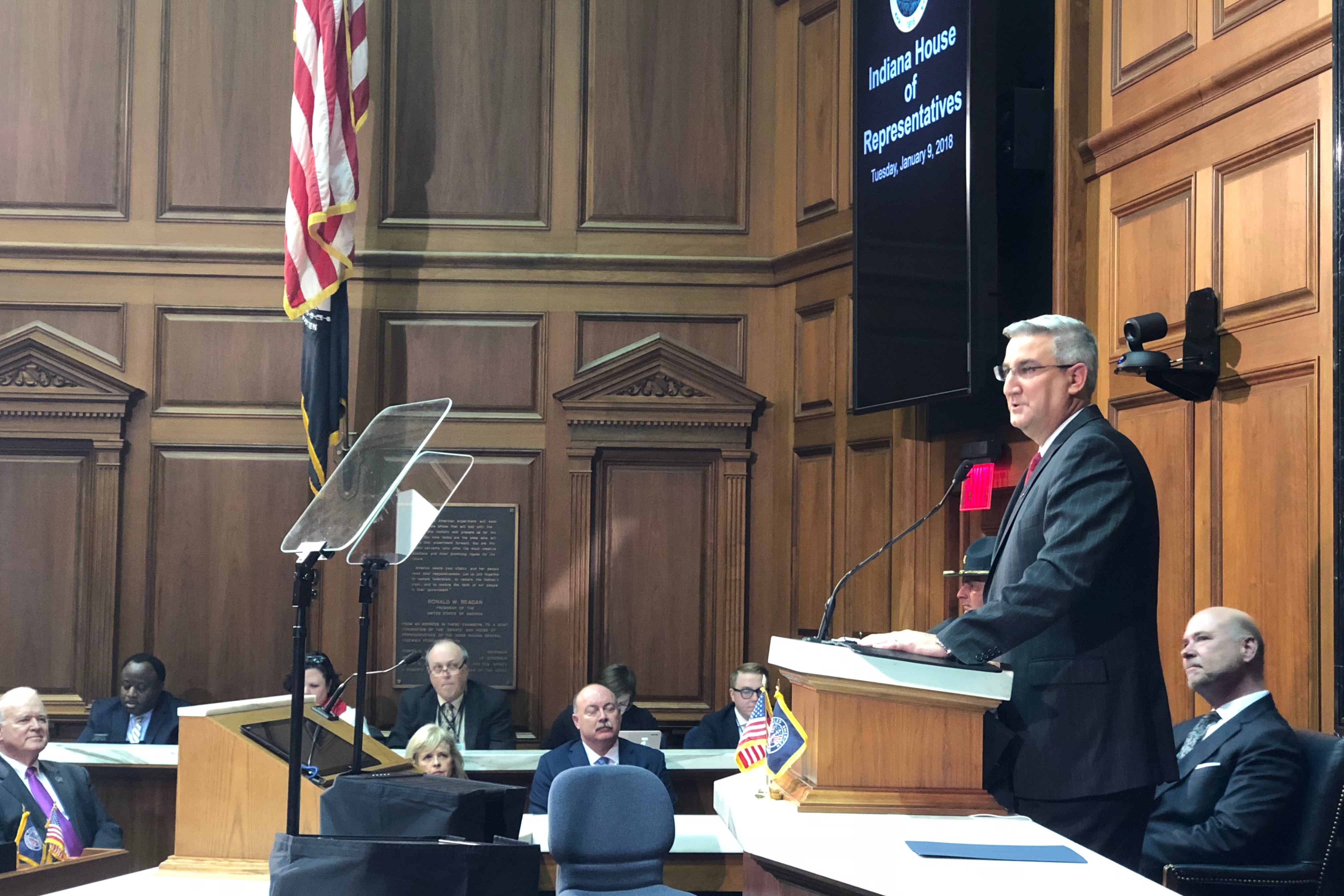 Gov. Eric Holcomb addresses lawmakers during his 2018 State of the State speech.