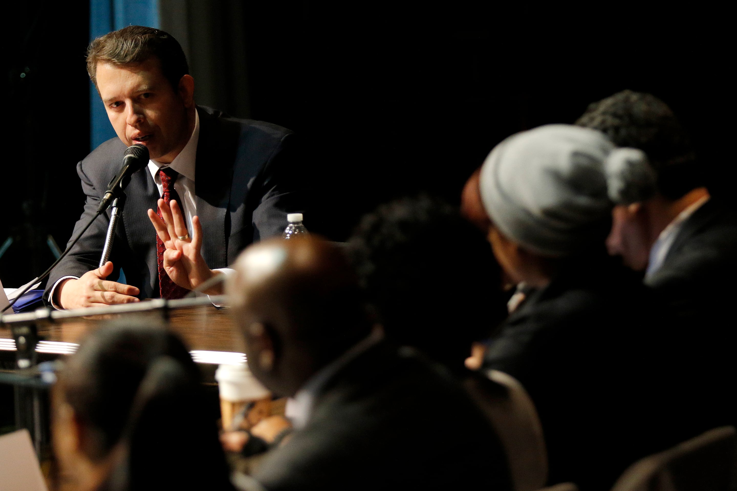 Pedro Martinez talks to a panel of Boston Public School students and teachers at English High School in 2015.