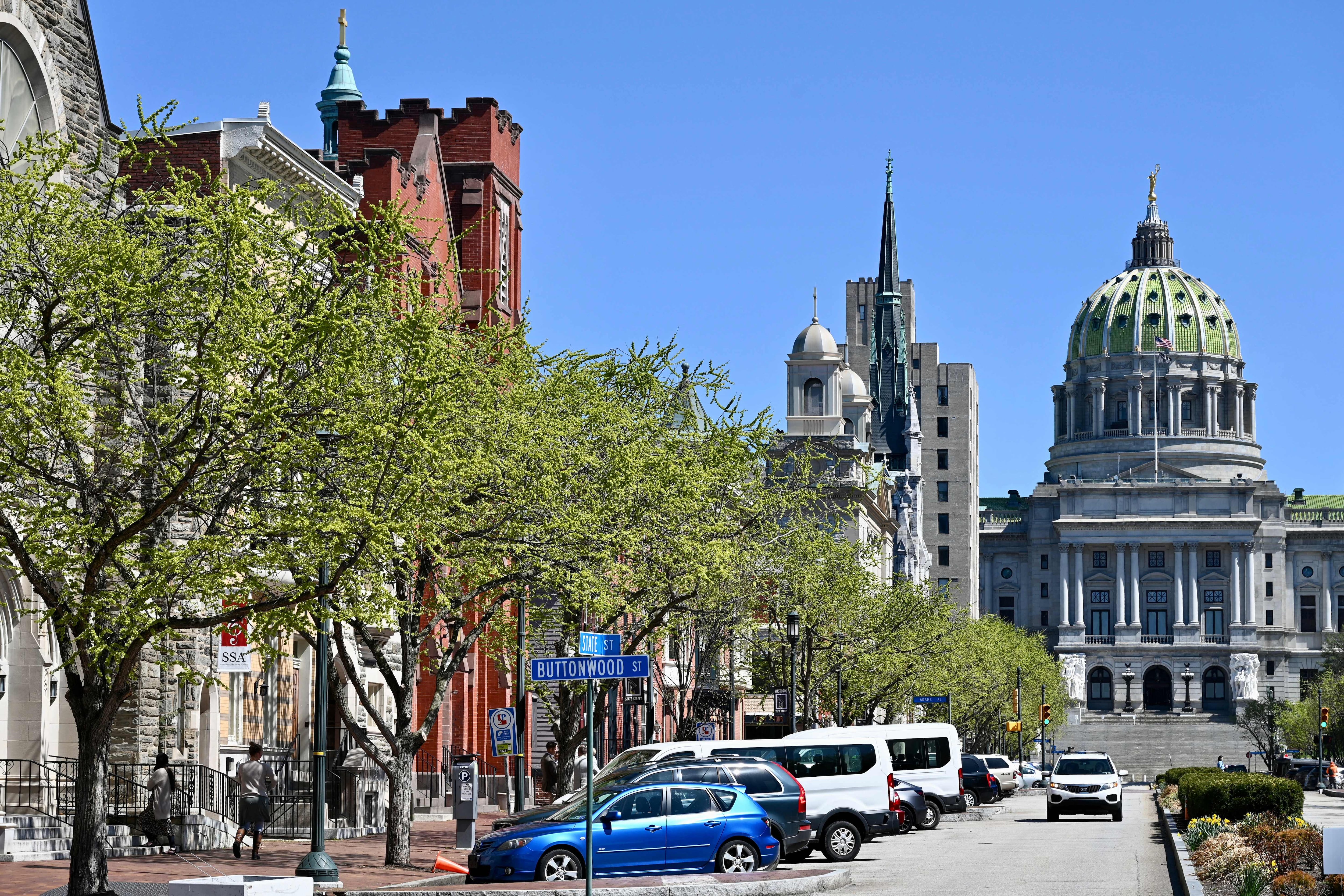 The Pennsylvania State Capitol at the end of State street in downtown Harrisburg,