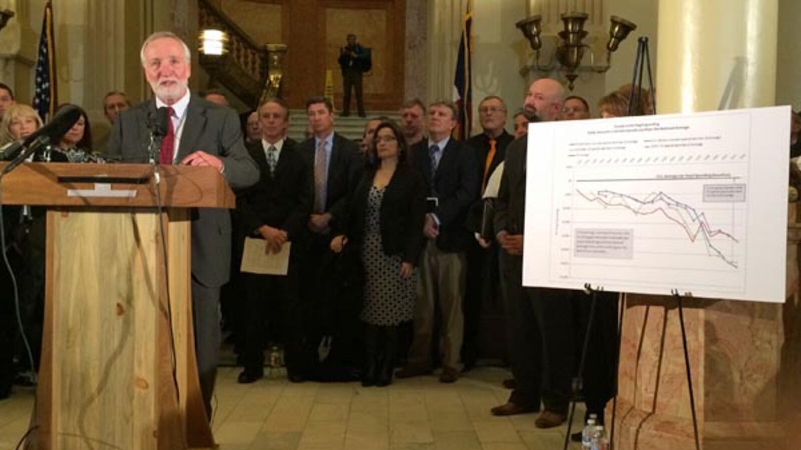 Boulder Superintendent Bruce Messinger called for improved K-12 funding during a news conference. Chart at right shows Colorado average per-pupil funding compared to several national averages.