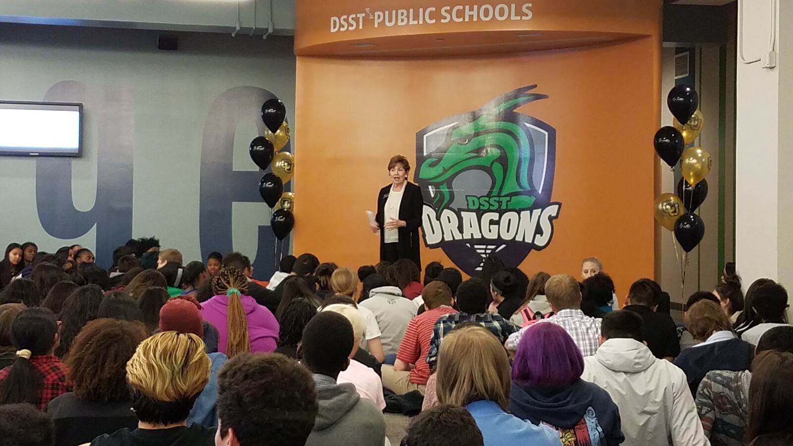 CU Denver Chancellor Dorothy Horrell speaks at Tuesday's rally (Eric Gorski, Chalkbeat).