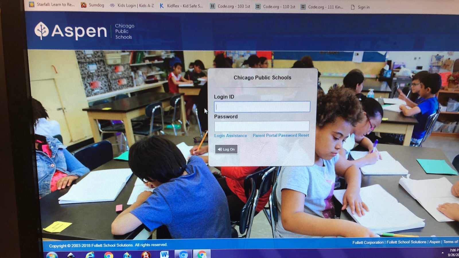 The parent login page in Chicago's centralized technology portal Aspen, where schools log grades and attendance, among other data.
