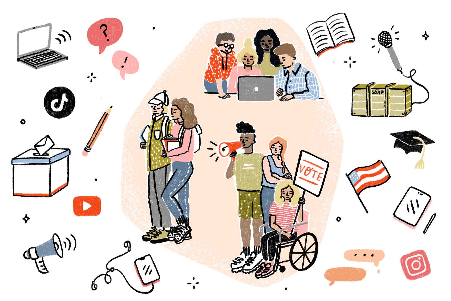 An illustration of a group of people in different clusters around a white and peach background with different smaller icons floating, one is a ballot box, an American flag, a laptop, microphone and more.