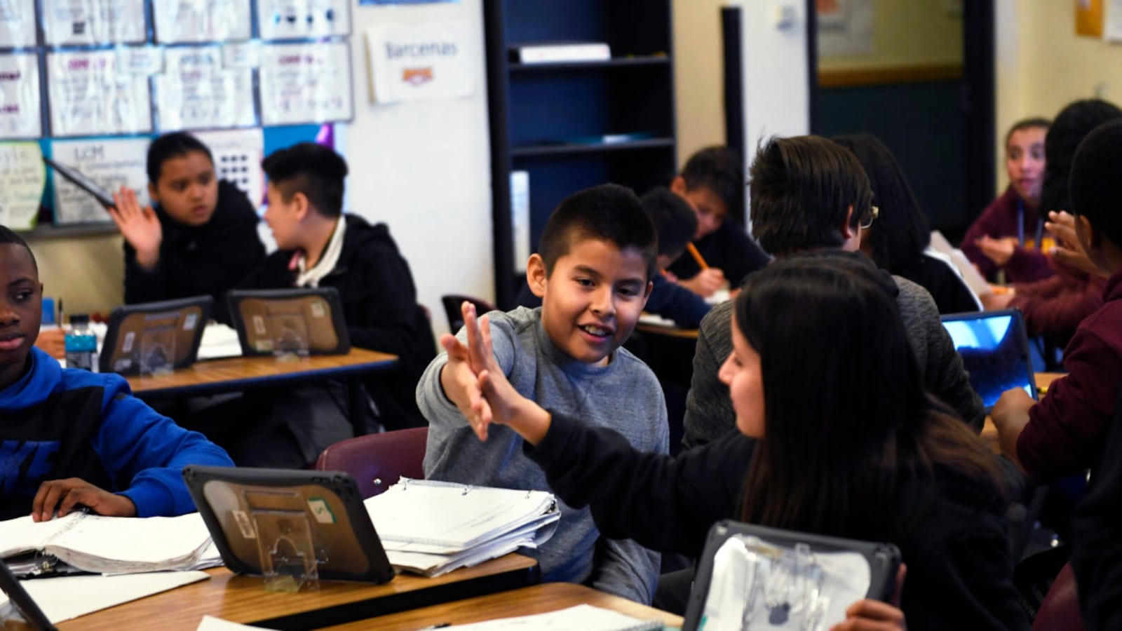 Sixth grade students during a math class at East Middle School in Aurora.