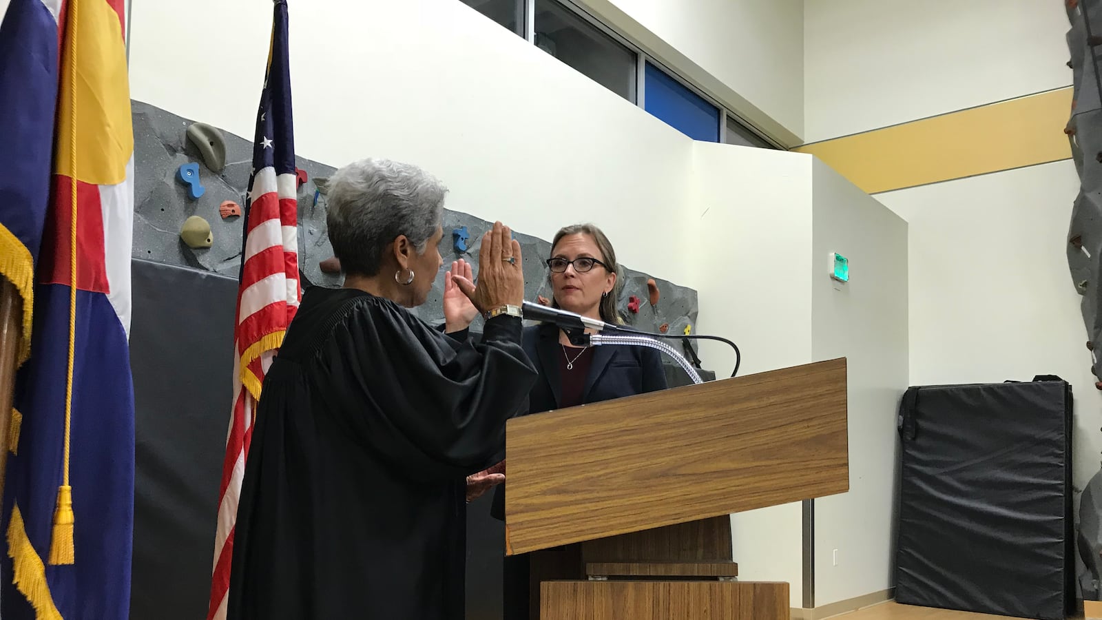 Carrie Olson is sworn in to the Denver school board on Nov. 27, 2017.