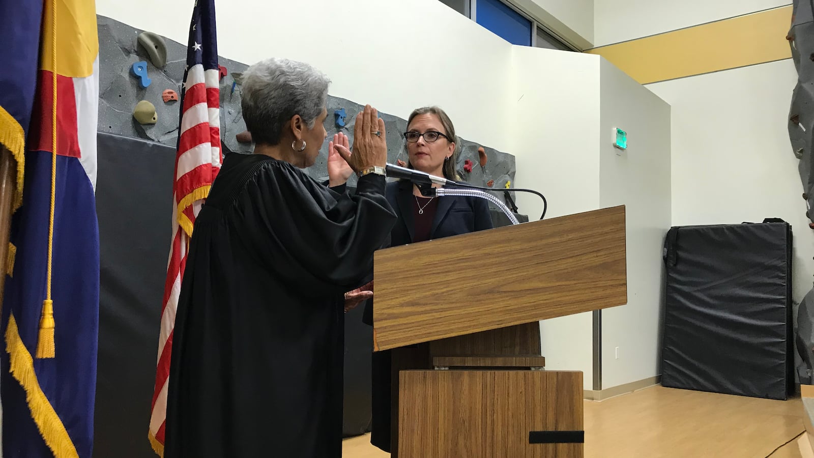 Carrie Olson is sworn in to the Denver school board on Nov. 27, 2017.