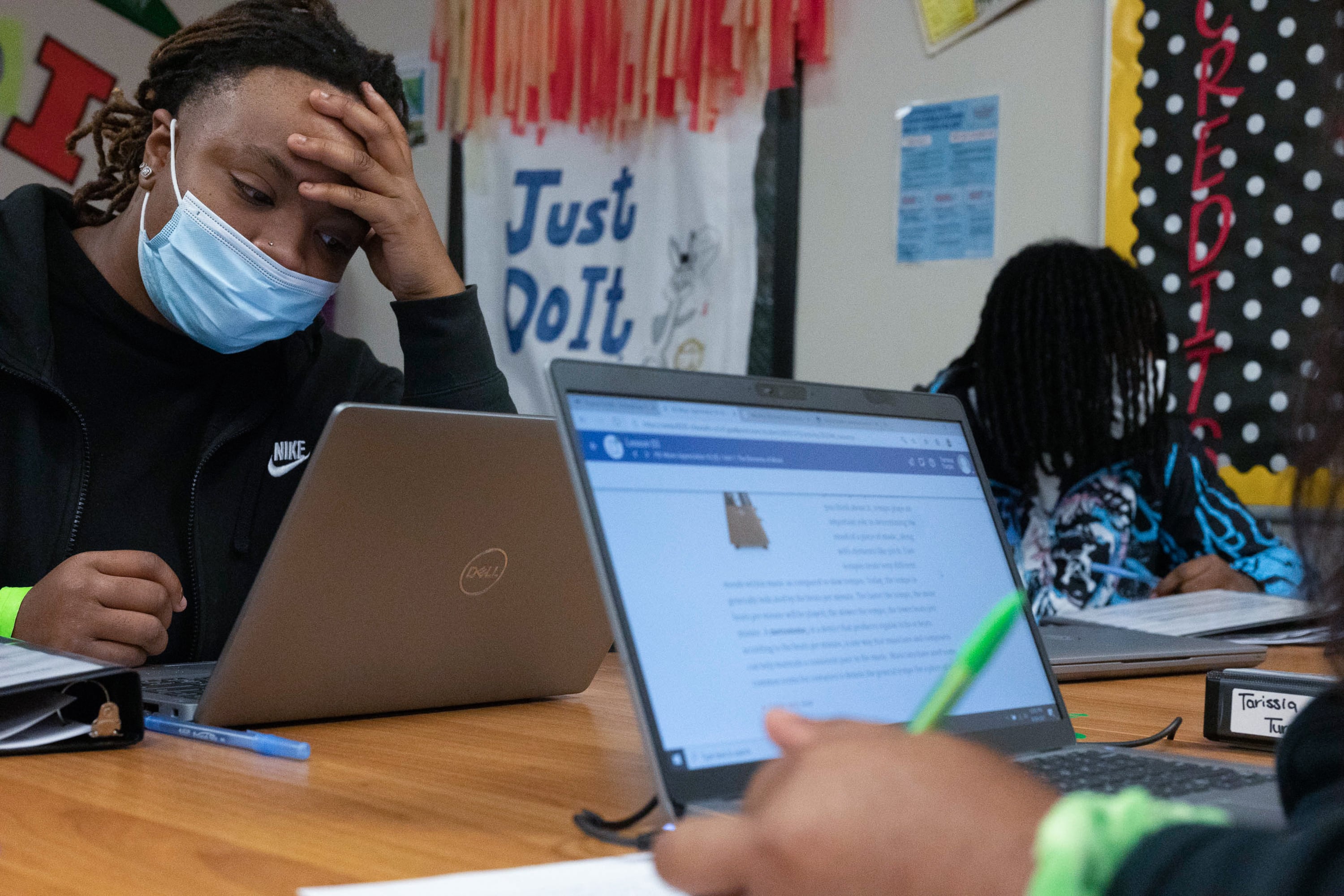 A student at Ombudsman Chicago South works on a Chromebook during the first day of school in August 2021.