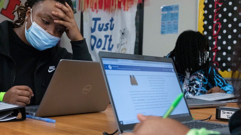 A student at Ombudsman Chicago South works on a Chromebook during the first day of school in August 2021.