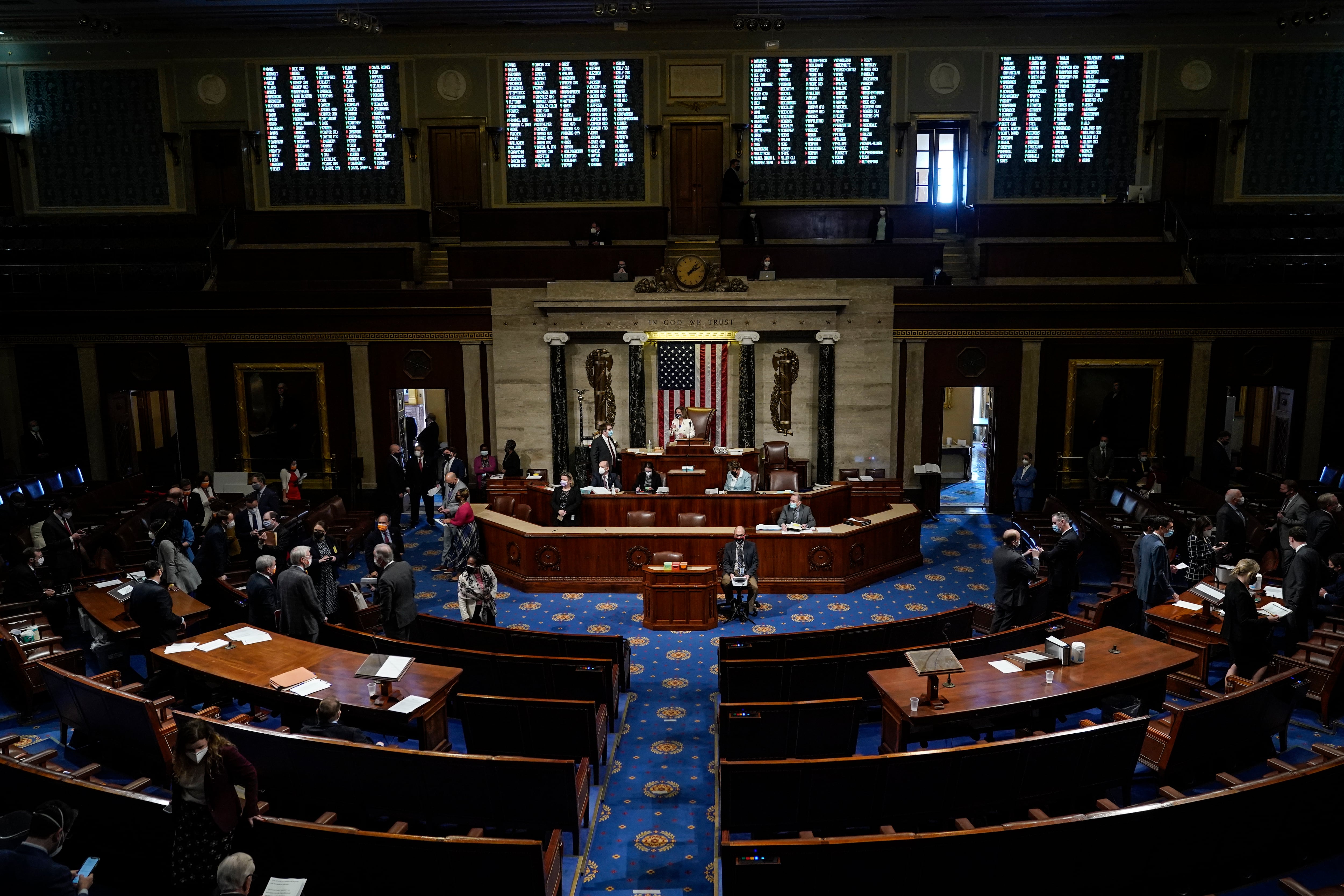 WASHINGTON, DC - MARCH 10: Speaker of the House Nancy Pelosi (D-CA) presides over voting on coronavirus relief package H.R. 1319 in the House Chamber of the U.S. Capitol on March 10, 2021 in Washington, DC. In a final vote, the House passed U.S. President Joe Biden’s revised $1.9 trillion COVID-19 relief bill, named the American Rescue Plan, in the administration’s first major legislative achievement.