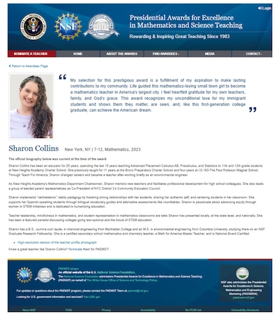 A screenshot of a website page with black and blue text on a white background with a small photograph of a white woman with brown hair on the side and U.S. federal seals for different organizations on the top and bottom of the page.