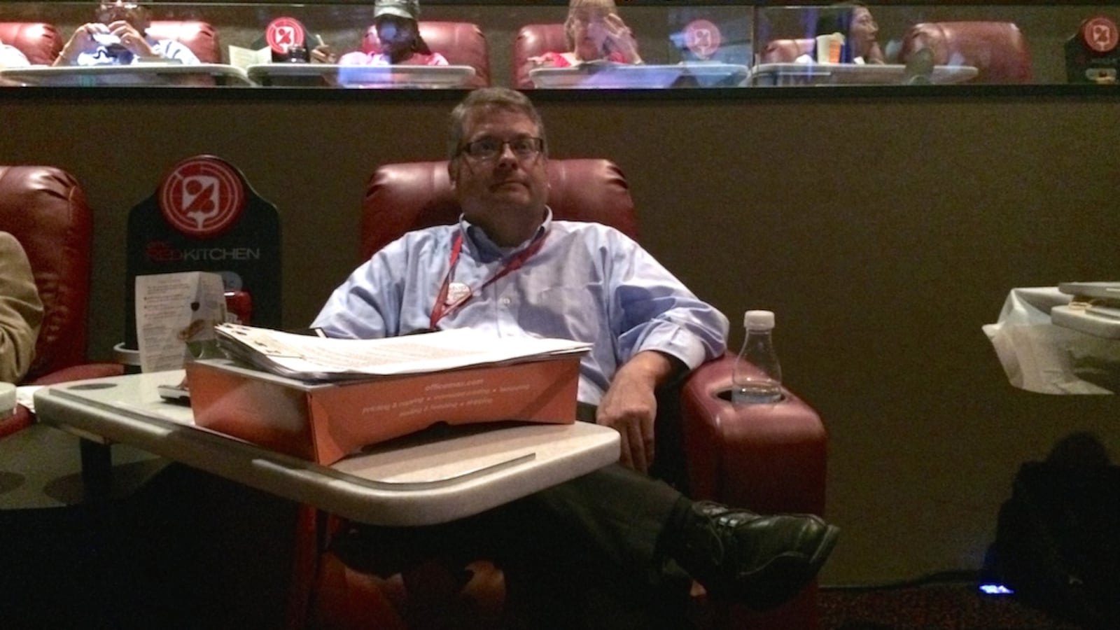 Jack Matthews, an organizer for Stop Common Core Colorado, watches Glenn Beck's "We Will Not Conform" live event via satellite at a theater in Aurora.