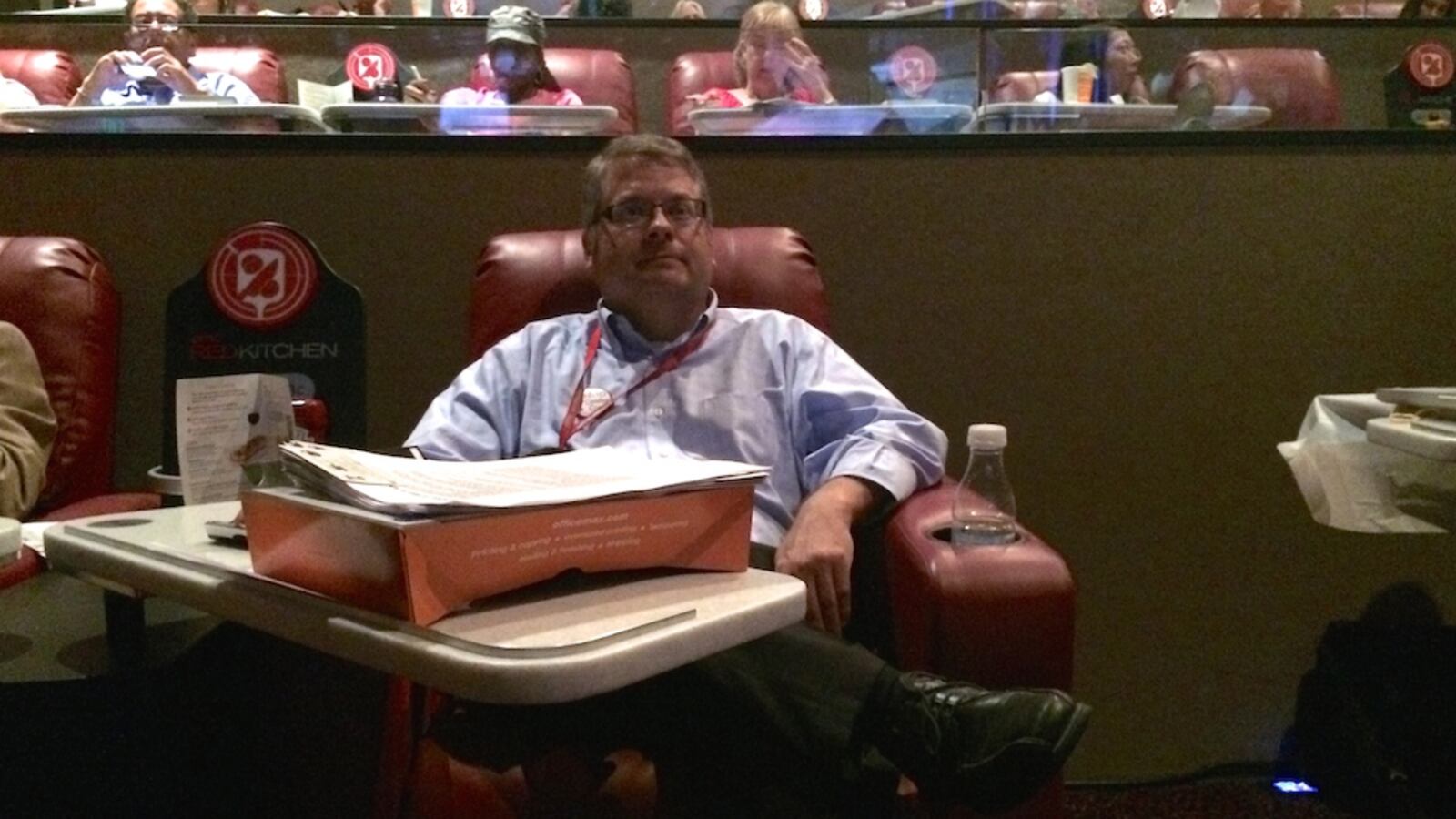 Jack Matthews, an organizer for Stop Common Core Colorado, watches Glenn Beck's "We Will Not Conform" live event via satellite at a theater in Aurora.