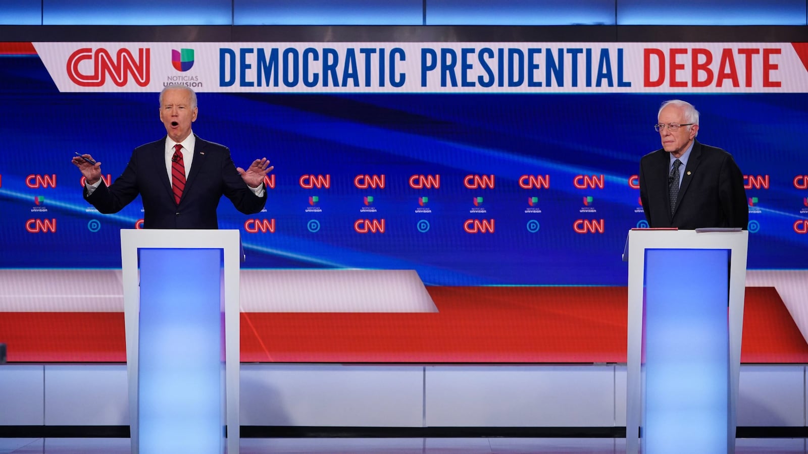 Democratic presidential hopefuls former Vice President Joe Biden and Sen. Bernie Sanders debate on March 15, 2020.