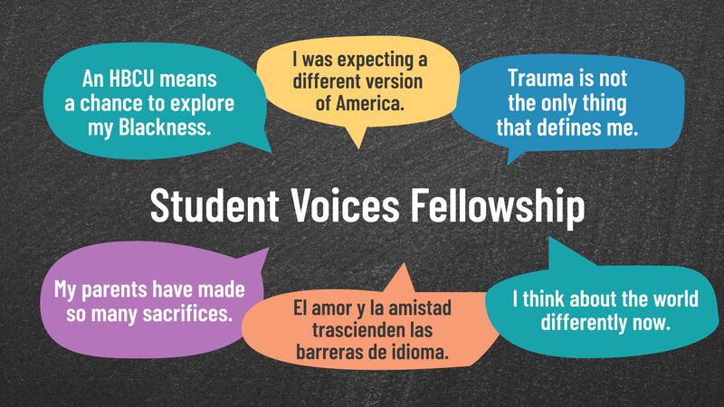 A black background with text bubbles all around. In the middle are the words Student Voices Fellowship.