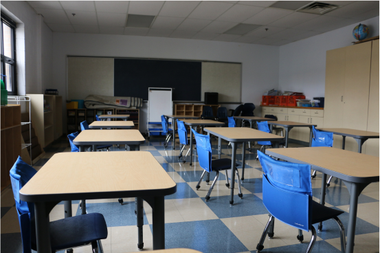 empty desks in an empty classroom