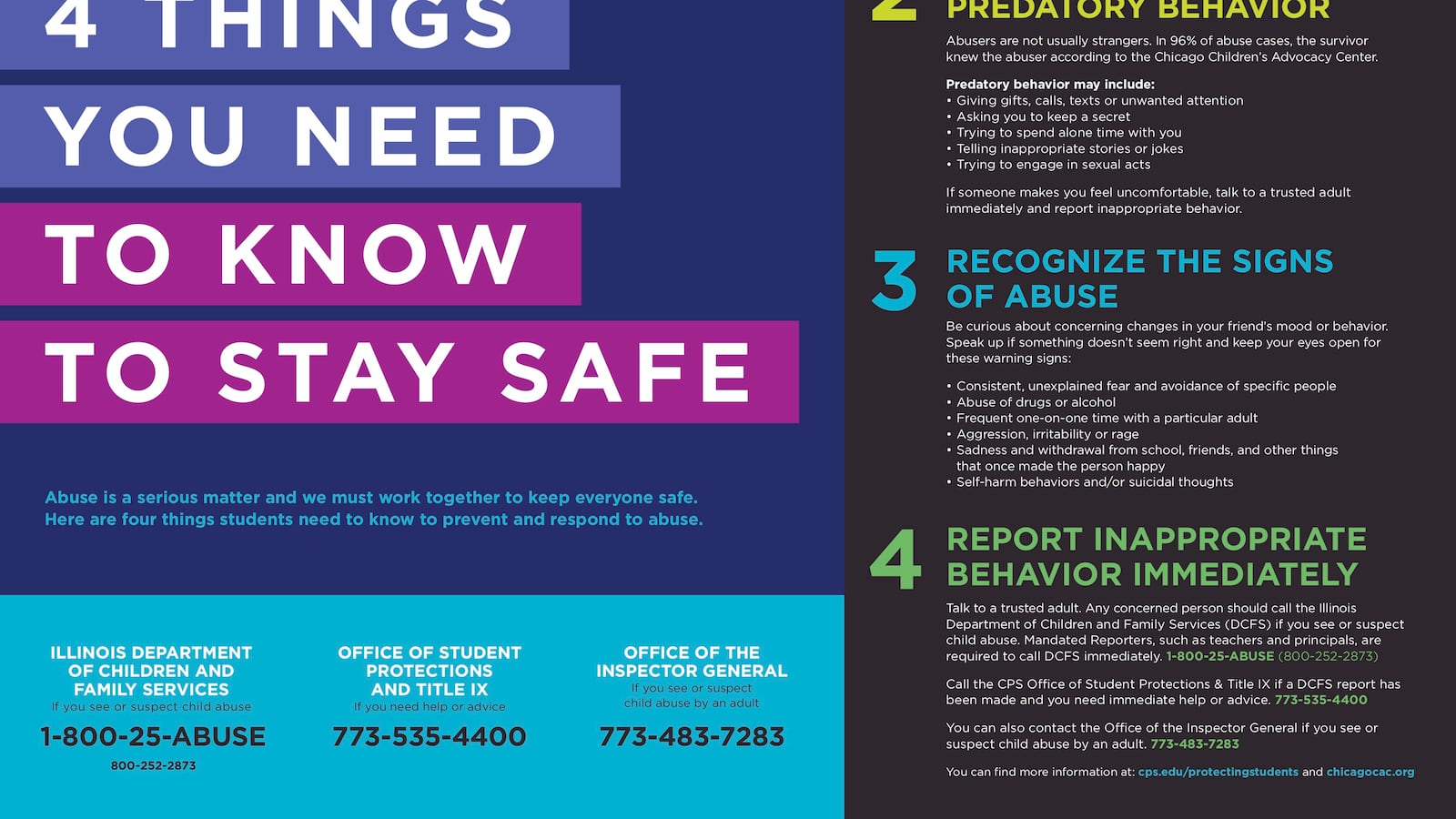Last fall, Chicago schools kicked off a poster campaign that spells out how to report suspected abuse.