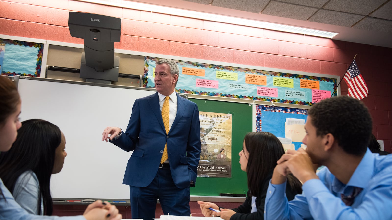 New York City Mayor Bill de Blasio speaks at the Bronx School for Law, Government, and Justice in 2017.
