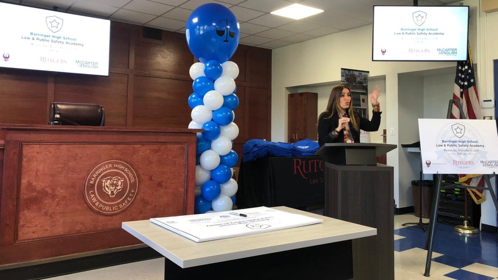 New Jersey State Sen. Teresa Ruiz spoke at the dedication of Barringer High School's new law academy, which features a judge's box built by carpentry students.