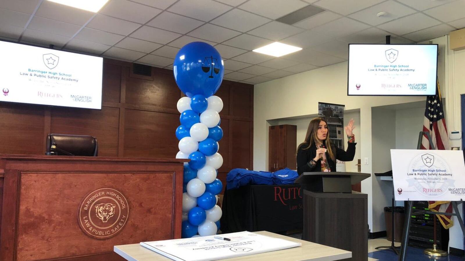 New Jersey State Sen. Teresa Ruiz spoke at the dedication of Barringer High School's new law academy, which features a judge's box built by carpentry students.
