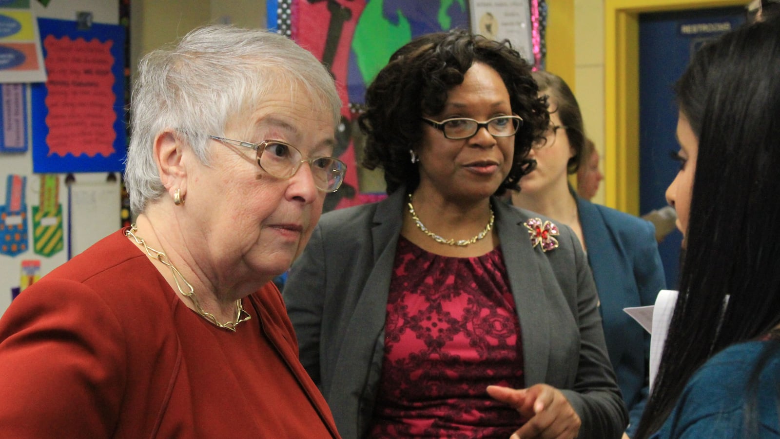 Chancellor Carmen Fariña talks to a teacher at the School of Integrated Learning in Brooklyn.