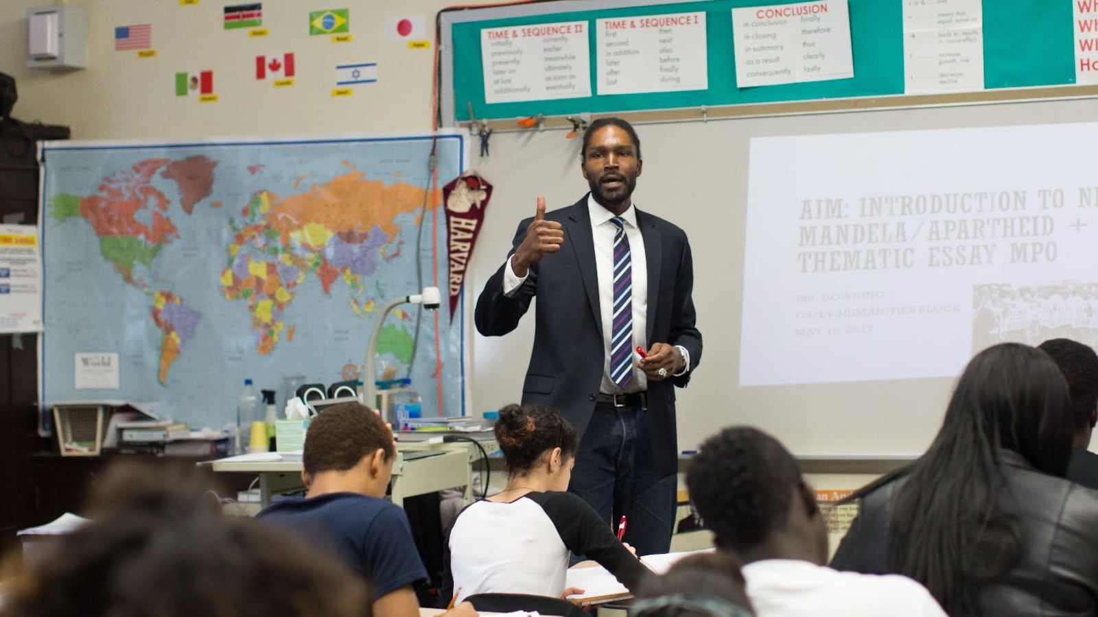 Kelly Downing in his classroom at A. Philip Randolph Campus High School.