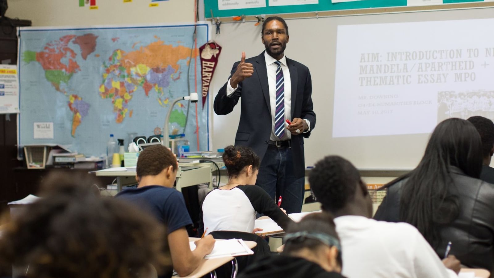 Kelly Downing in his classroom at A. Philip Randolph Campus High School.