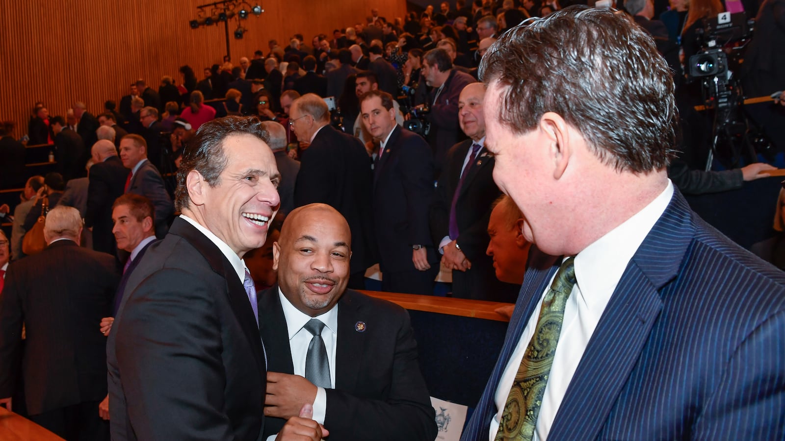 Governor Cuomo shakes hands with Assembly Speaker Heastie after his executive budget address.