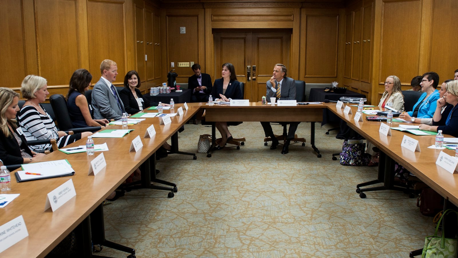 Education Commissioner Candice McQueen and Gov. Bill Haslam (center) meet in 2015 with members of the governor’s Teachers Cabinet, who have shared their concerns about overtesting in the classroom.