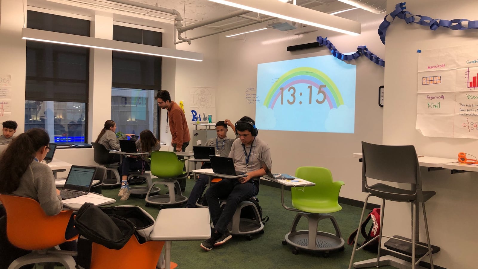 A freshman class, working in Intrinsic's 'pod' model, during a math class in December.