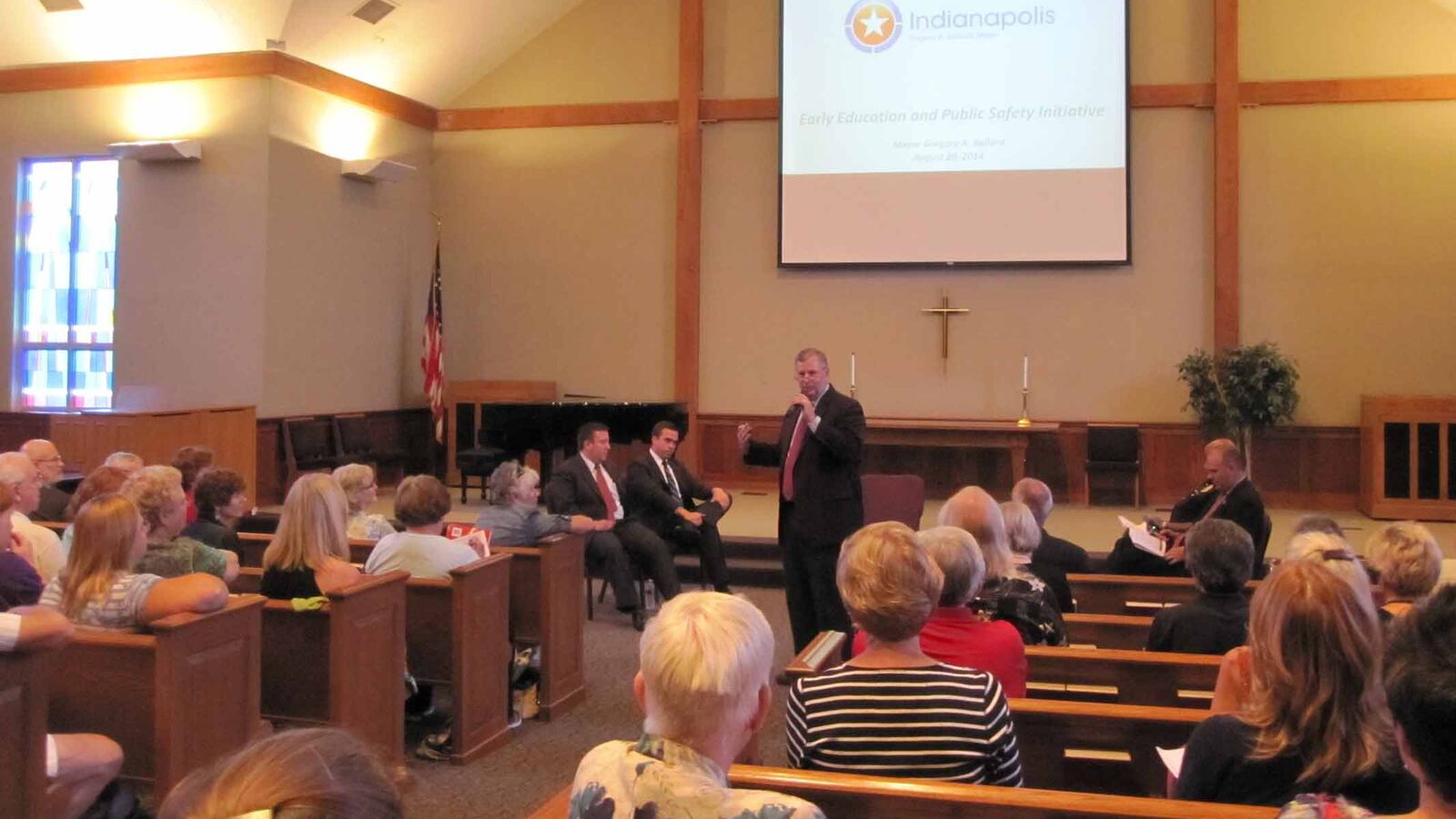 Mayor Greg Ballard begins discussion over his anti-crime initiative Wednesday night at a town hall meeting at Southport Presbyterian Church.