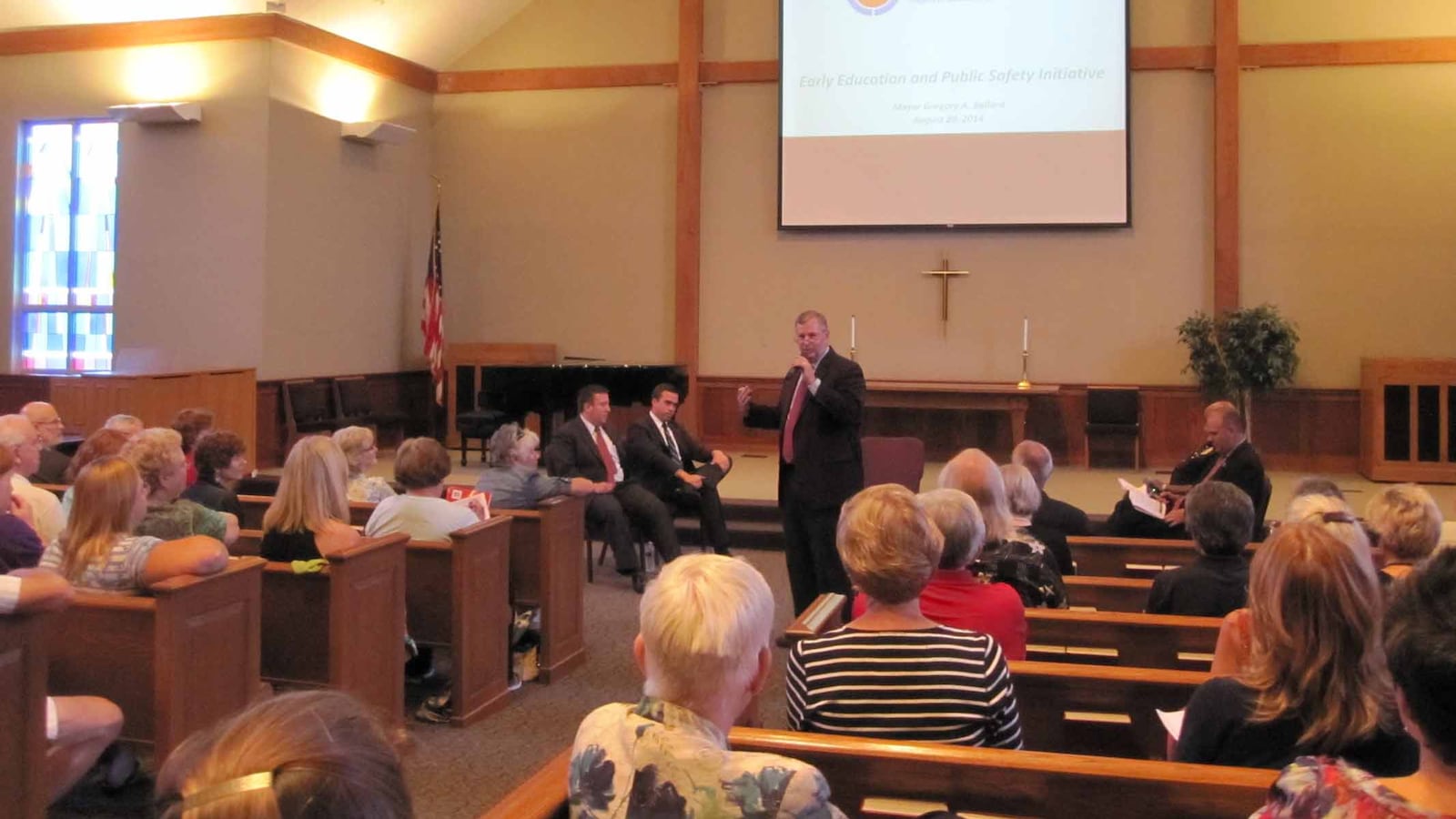 Mayor Greg Ballard begins discussion over his anti-crime initiative Wednesday night at a town hall meeting at Southport Presbyterian Church.