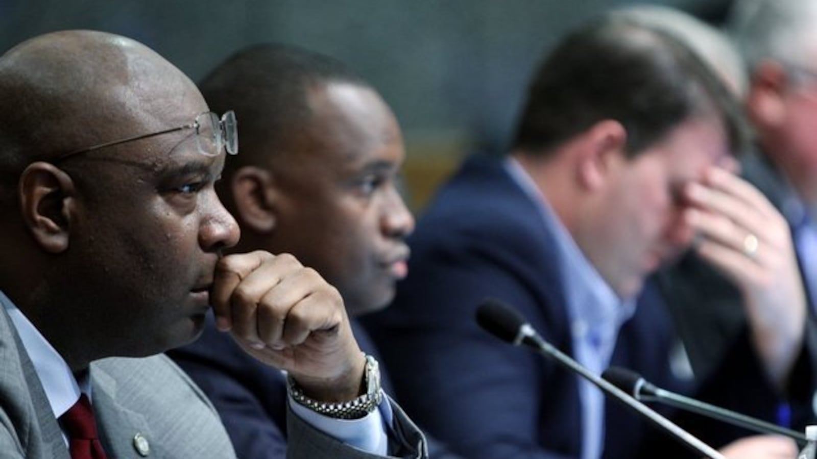 From left: Commissioners Reginald Milton, Van Turner and David Reaves listen during a meeting in Memphis of the Shelby County Board of Commissioners. The governing board this week urged state lawmakers to strip TNReady scores from teacher evaluations.