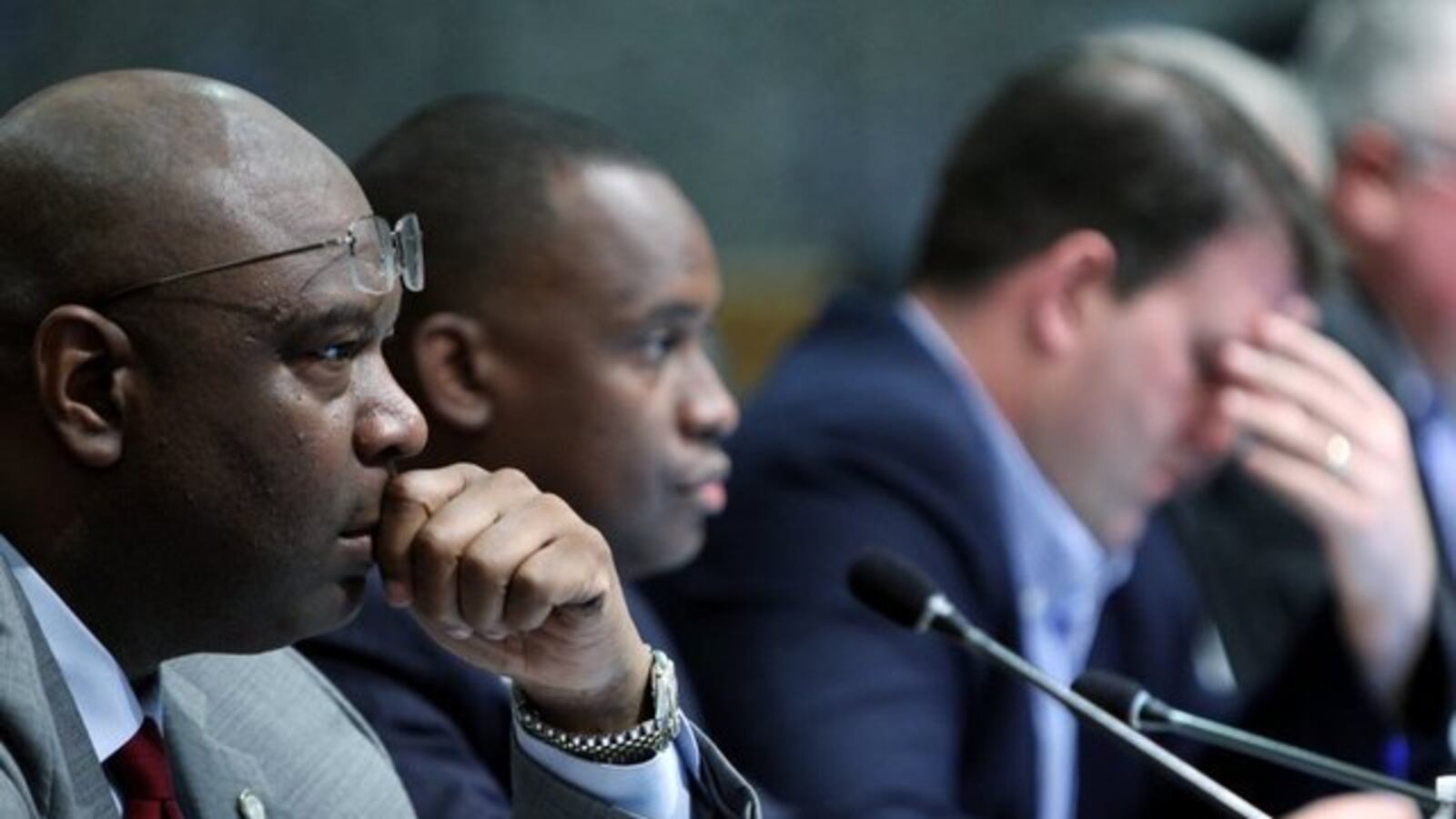 From left: Commissioners Reginald Milton, Van Turner and David Reaves listen during a meeting in Memphis of the Shelby County Board of Commissioners. The governing board this week urged state lawmakers to strip TNReady scores from teacher evaluations.