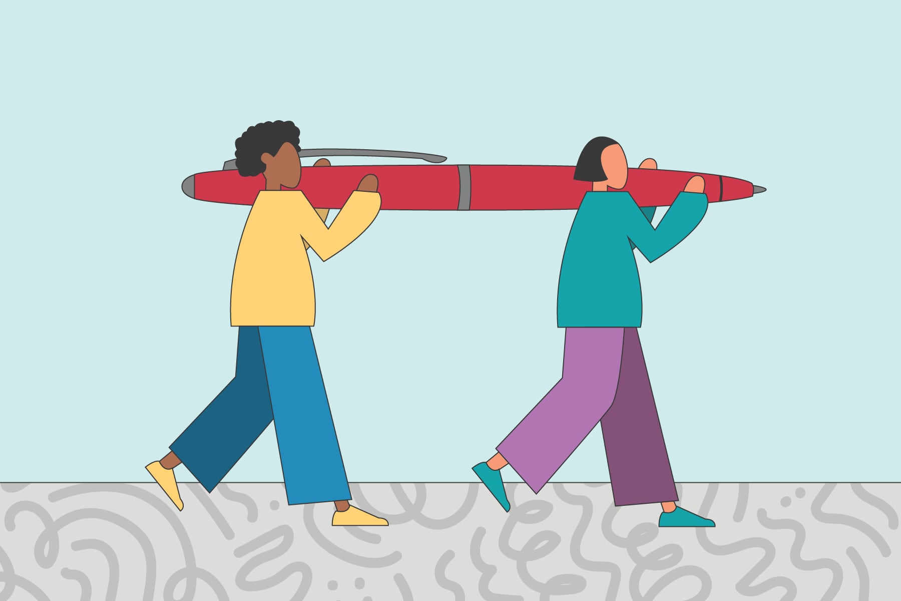 Illustration of two women holding a larger than life red pen.