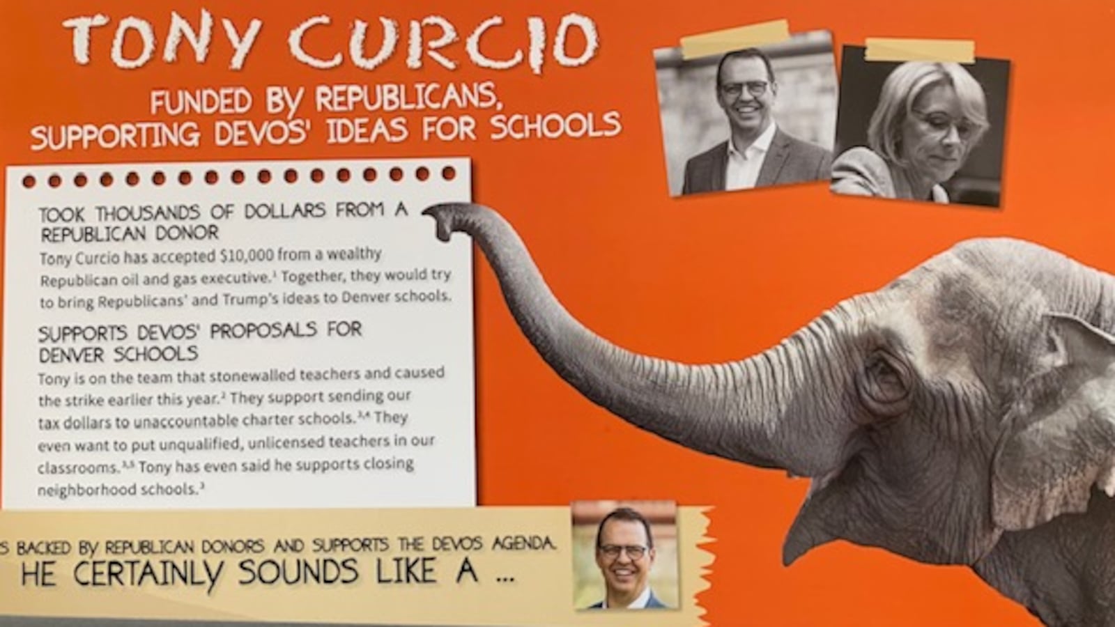 A union-funded mailer seeks to link one Denver school board candidate with Betsy DeVos, the unpopular education secretary.