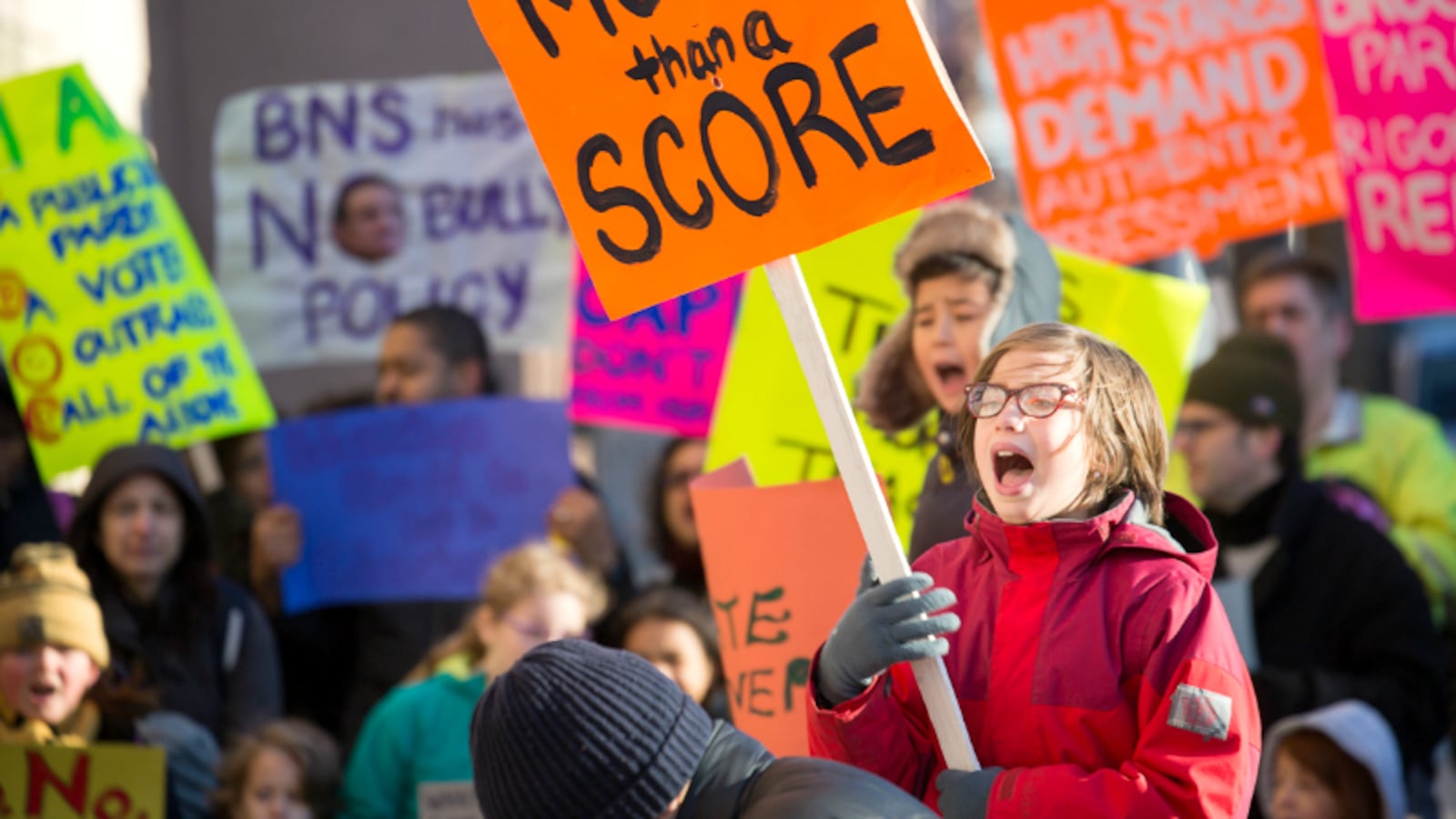 A rally against high-stakes testing at Brooklyn New School and the Brooklyn School for Collaborative Studies in March.