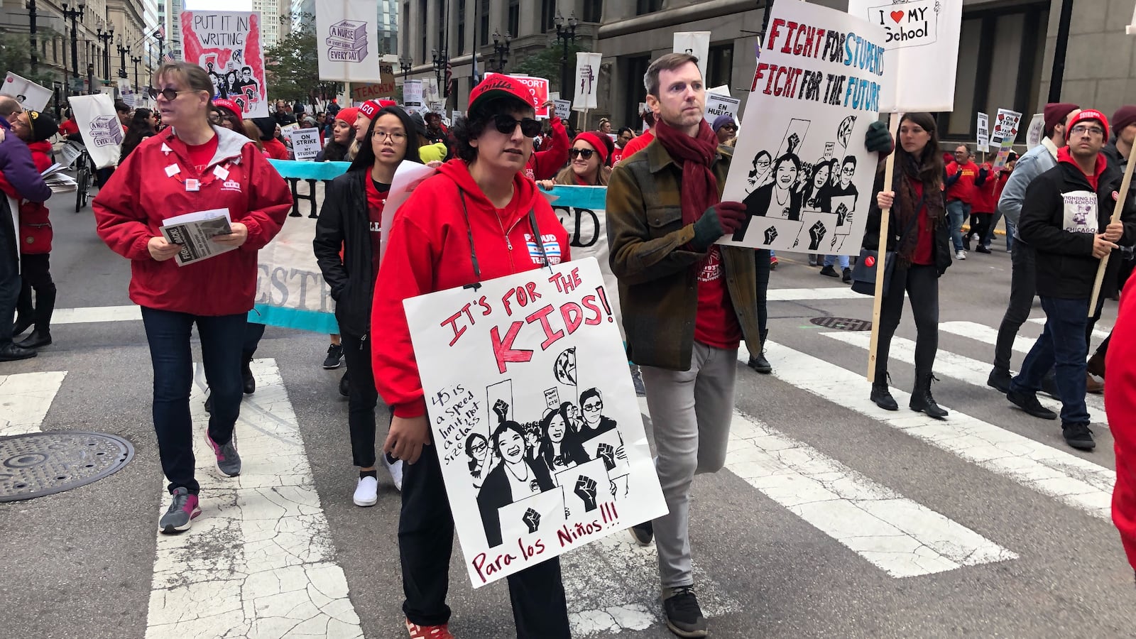 Protesters rallied downtown on Oct. 17, 2019, the first day of the strike by teachers and support staff against Chicago Public Schools.