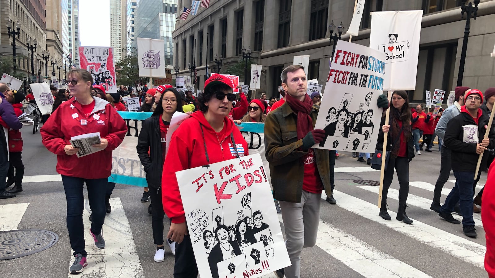 Protesters rallied downtown on Oct. 17, 2019, the first day of the strike by teachers and support staff against Chicago Public Schools.